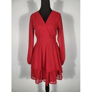 Japna Red Swiss Dot Dress Long Sleeve Ruffle Tiered Mini Dress